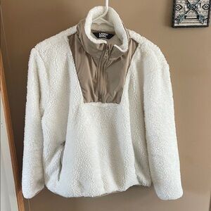 Lands' End Cream Sherpa Pullover with Tan Yoke